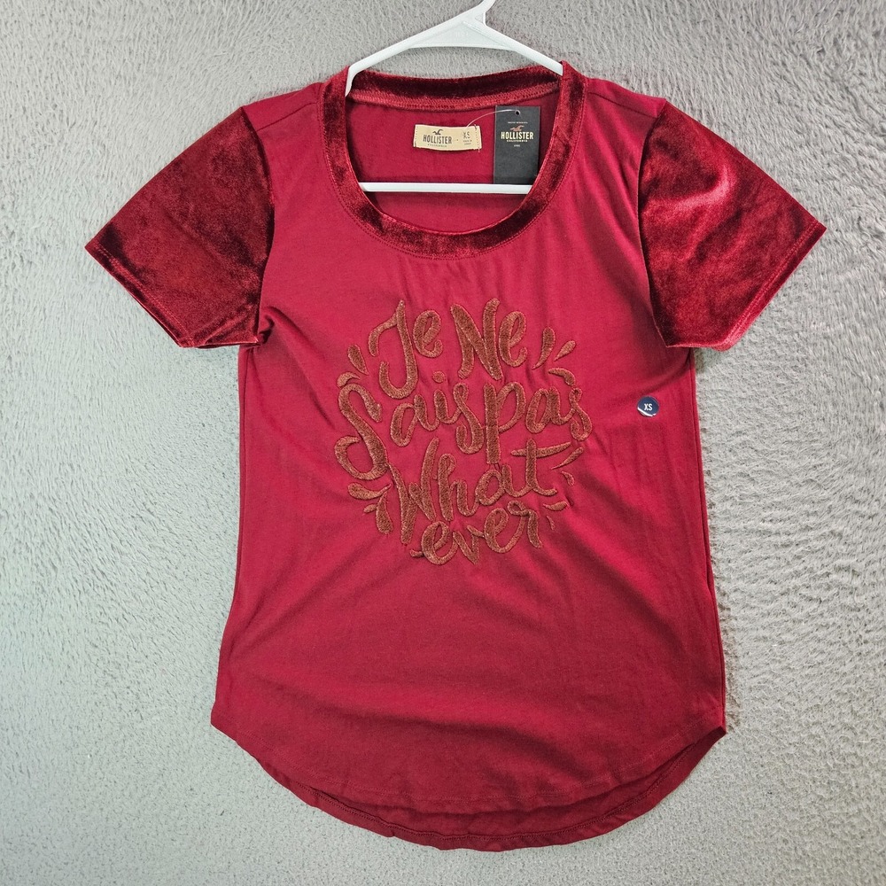 NEW Hollister Tee Top Women XS Velvet Trim Short Sleeve Dark Red